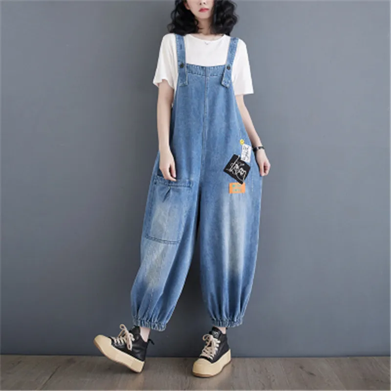 

Women's 2024 New Summer Loose Casual Fashion Streetwear Denim Jumpsuit Versatile Embroidered Literary Washed Vintage Overalls