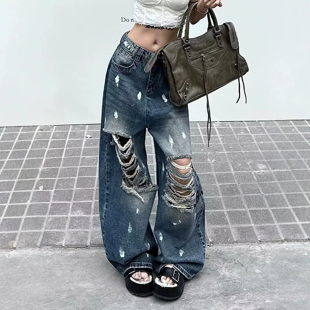 American Style Spicy Girl Design Ripped Jeans Women's Summer Retro Hip-hop Letter Printed Pants