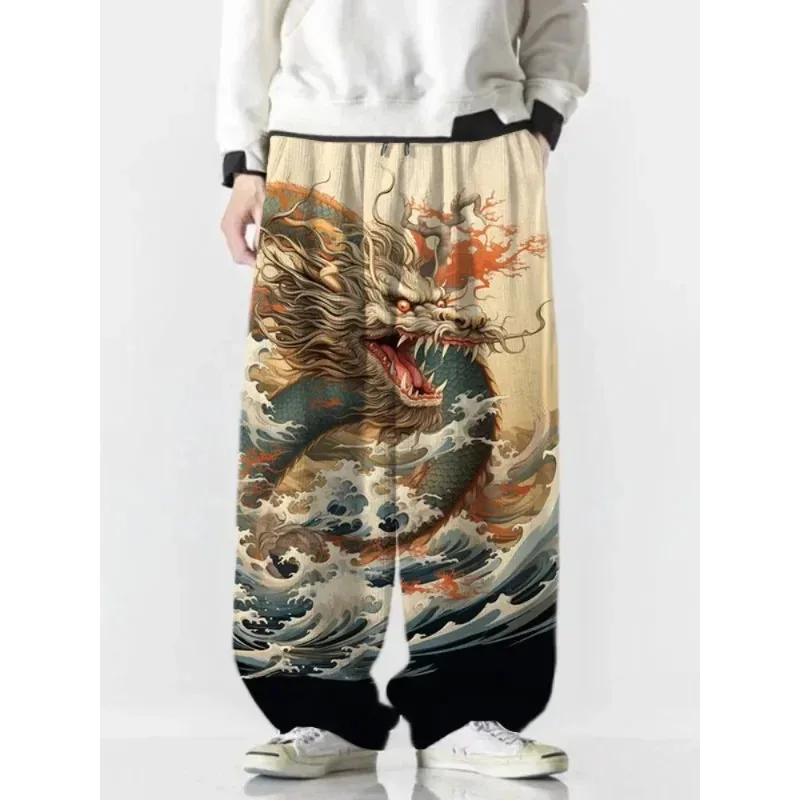 Men's Cherry Blossom Scenery Dragon Samurai Japanese Art Printed Casual Pants High Street Wide Leg Pants Unisex Joggers Trousers