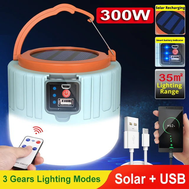 Portátil Solar LED Camping Lamp, Lâmpada recarregável USB, Luzes de tenda ao ar livre, Lanterna de emergência para churrasco, Caminhadas, Pesca, Trabalho, 300W