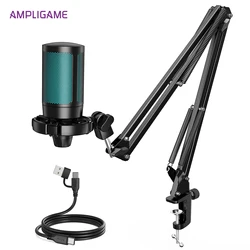 AmpliGame Gaming Microphone Kit with Mute for mobile,USB RGB Condenser Mic Set with Arm Boom for PC,Laptop,PS5,Streaming -A2T