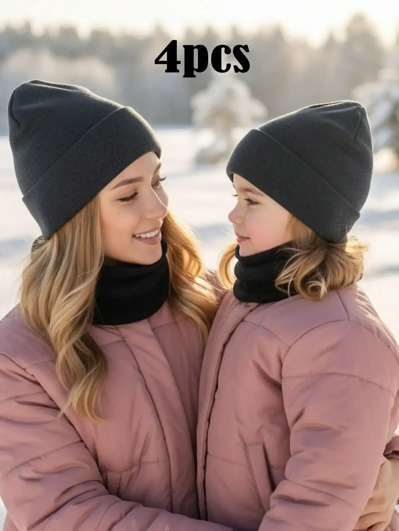 4Pcs Solid Parent-child Knit Hat & Neck Warmer Set, Adult & Kids Matching Knitted Hat Scarf Kit for Autumn Winter Daily Wear