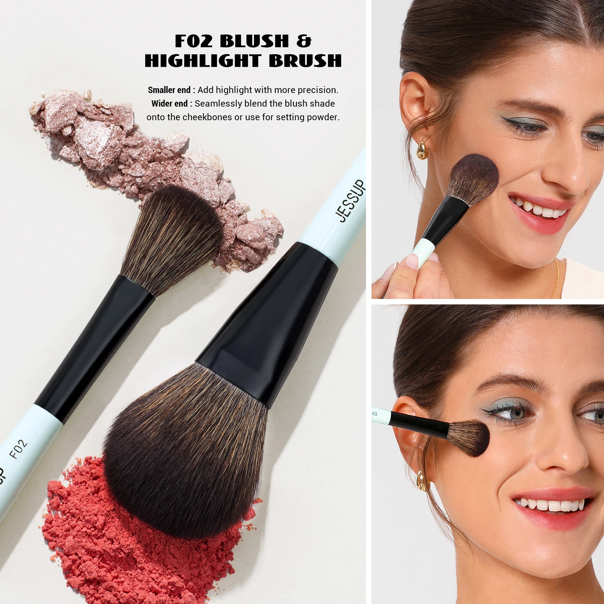 Jessup Gesichts-Make-up-Pinsel-Set, 2/3/5 Stück, doppelseitiger Make-up-Pinsel, Foundation-Kontur-Concealer, tierversuchsfrei, helles Cyan T503