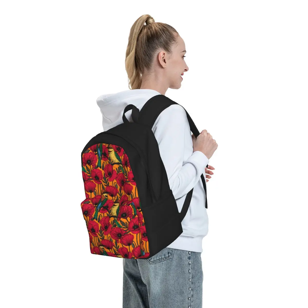 Birds Flower Backpack Unisex Bee Eaters And Poppies Pattern Backpacks Polyester Cool School Bags Trekking High Quality Rucksack