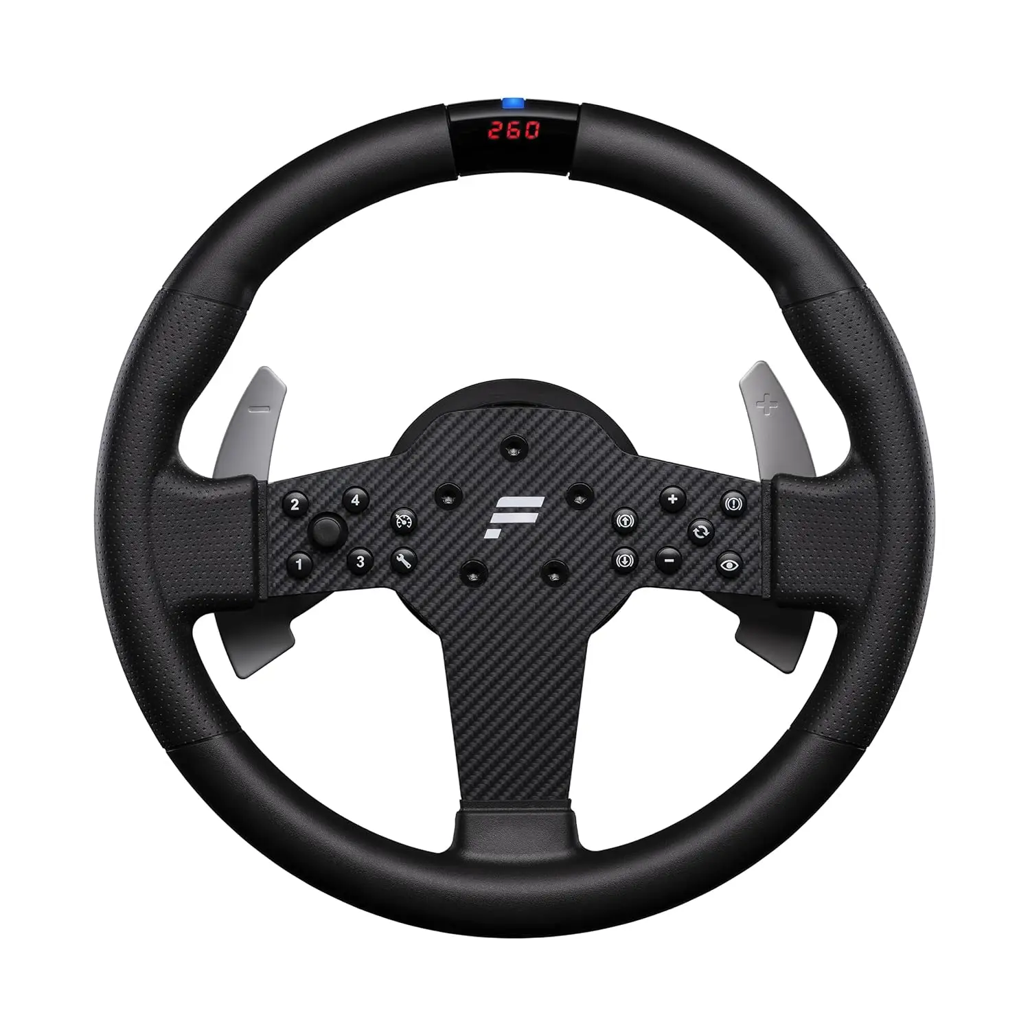 

Руль для симуляторов гонок с резиновой рукояткой, полосой RevStripe, LED-дисплеем, металлическими подрулевыми переключателями, предустановленной прошивкой QR2 Lite для ПК