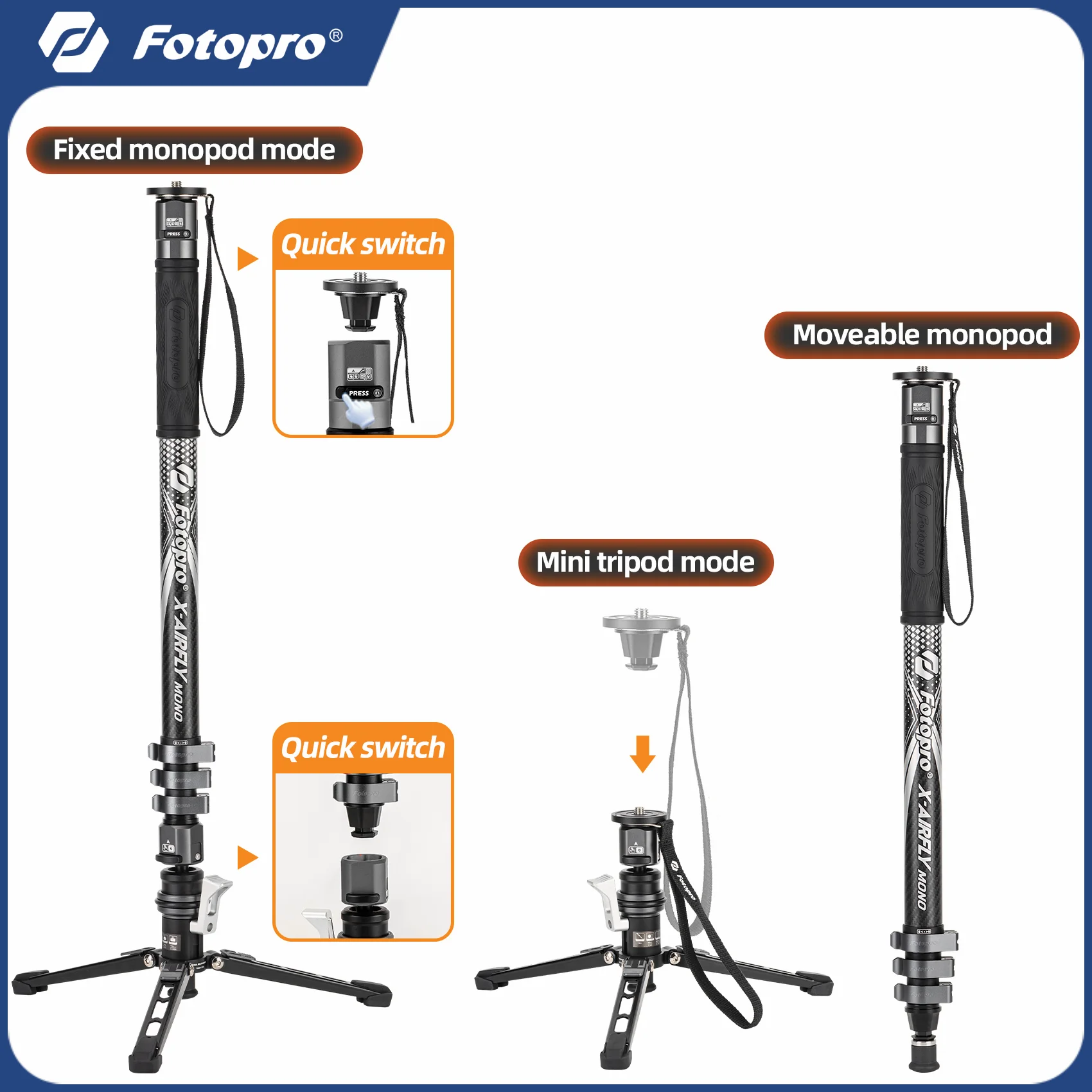 

Fotopro Carbon Fibre Monopod with Pedal Locking 186CM 3-in-1 Travel Monopod for DSLR Camera Stabilizer Videography Kit