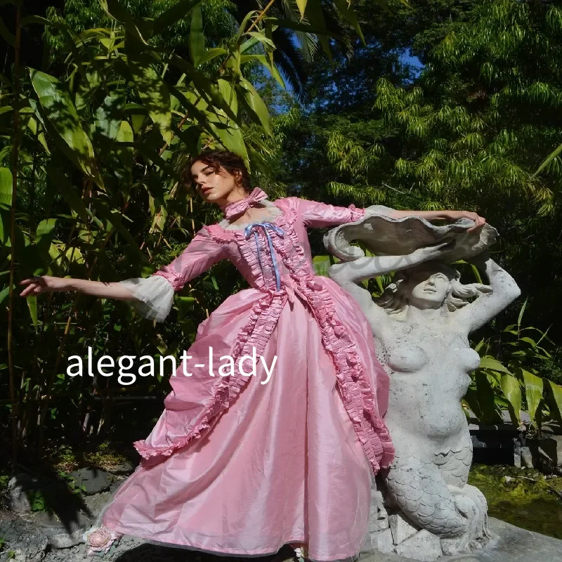 

Victorian Rococo Pink Prom Dress Sleeves Revival Bustle Duchess Style Evening Dress Lace Medieval Renaissance Customised