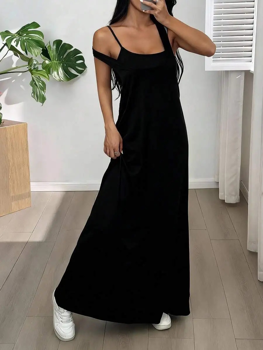 

Black Asymmetric Neck Sleeveless Casual Maxi Dress With Built-In Bra