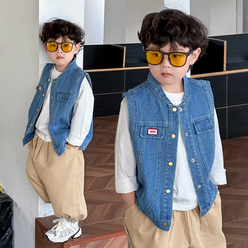 Kids New Designer Denim Vest with Stand Collar for Baby Boy Stylish Blue Sleeveless Jacket Cardigan with Buttons Child Waistcoat