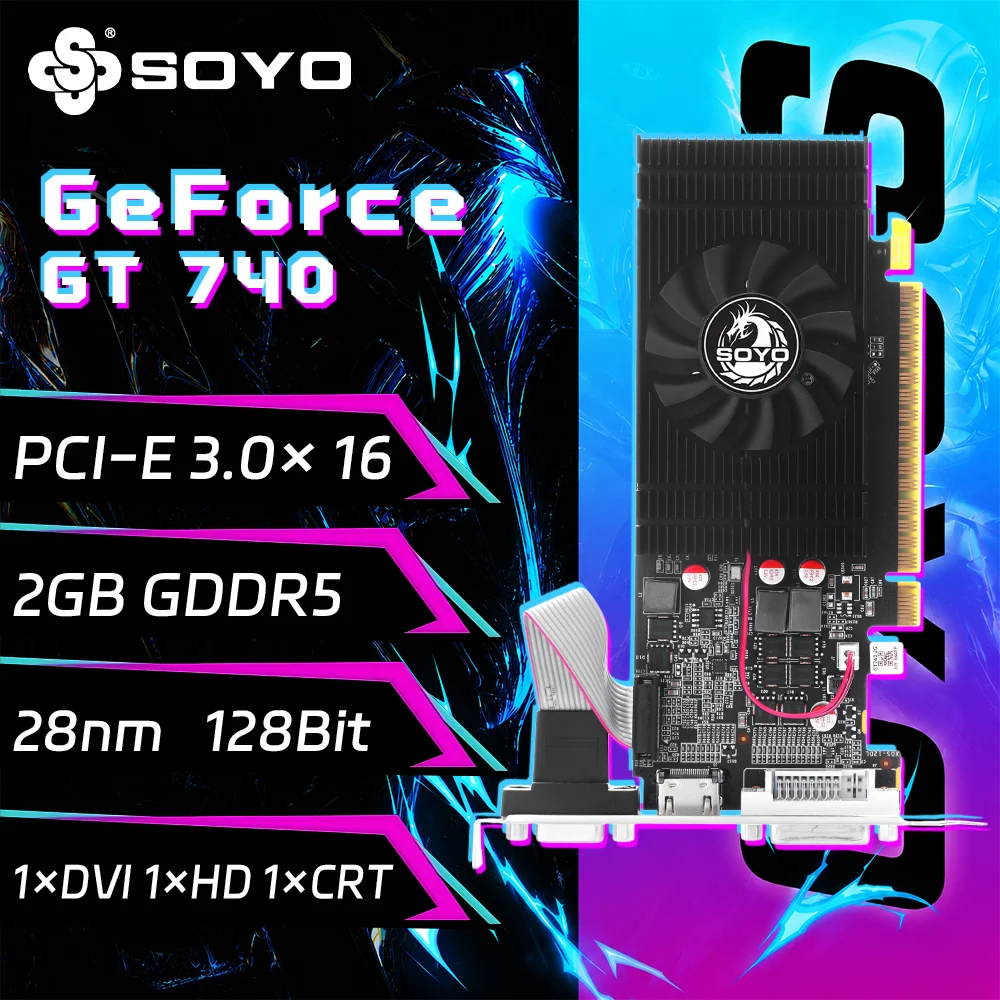SOYO Graphics Cards NVIDIA GeForce GT 740 2G GDDR5 128bit HDMI*1 DVI*1 CRT *1 Video Card For Desktop Gaming Computer GPU GT 740