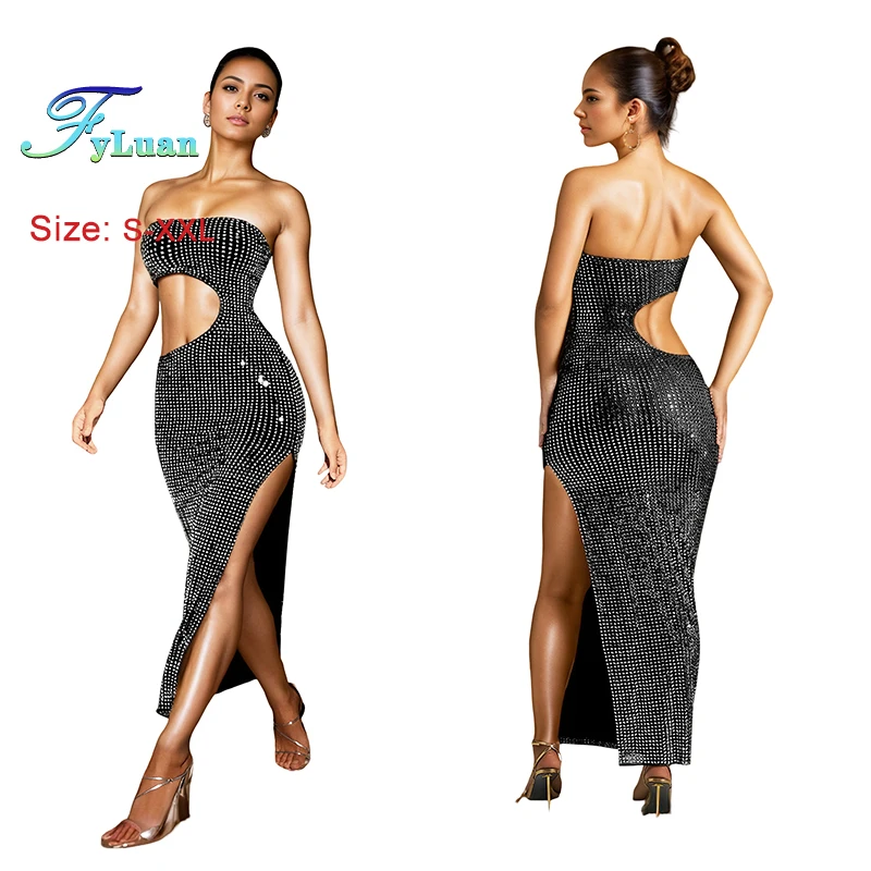 Summer Cut Out Waist Strapless Sexy Side Split Crystal Rhinestones Long Maxi Dress Sexy Side Split Crystal Women's Long Dress