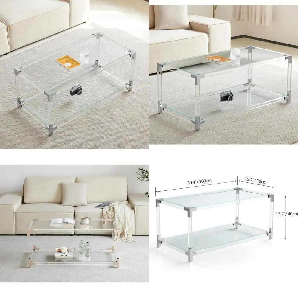 

Double Layer Saint Mossi Glass Coffee Table, Clear Glass Top, Living Room Furniture, 41 Length x 21 Width x 16 Height