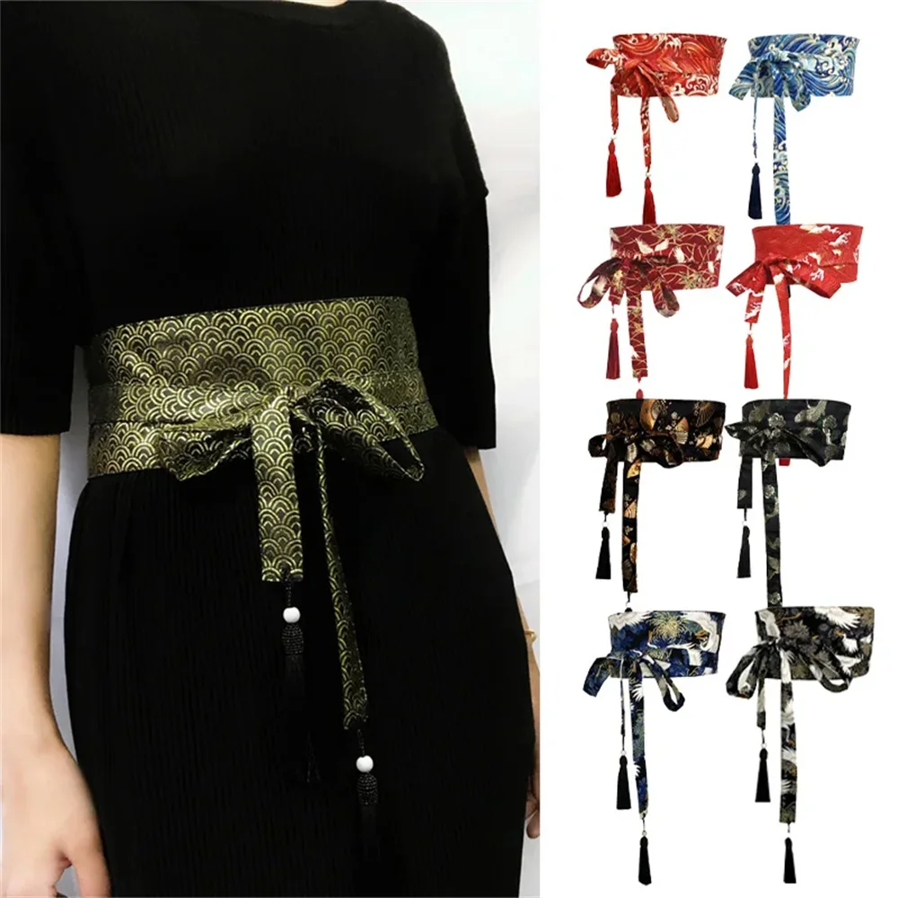 10-15CM Wide Corset Japanese Traditional Kimono Belt Women Gold Tassel Waistband Chinese Hanfu Dress Belt Yukata Crane Haori Obi