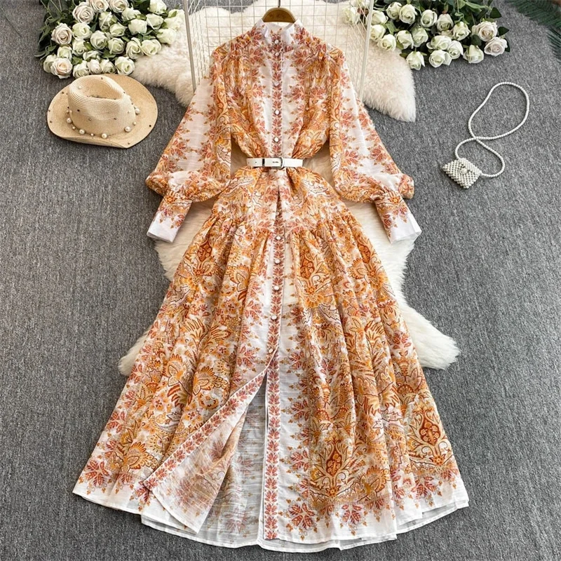 فستان طويل أنيق بطبعة زهور ورقبة عالية وألوان متباينة وأكمام قميص بحزام - فستان ماكسي أنيق للسيدات لفصل الربيع