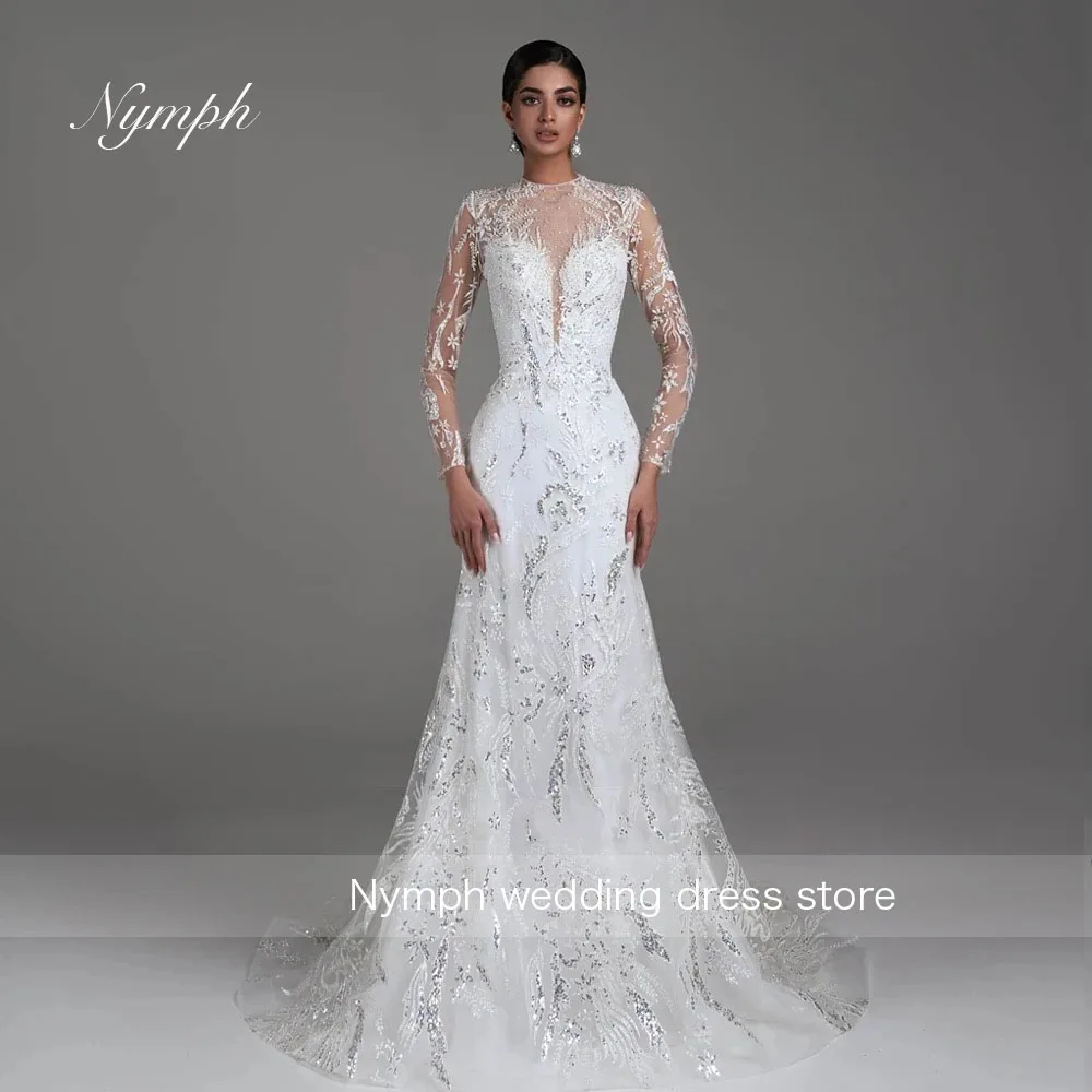 

Свадебные платья русалки с высоким воротом 2025, длинным рукавом, Vestido De Novia, вышивка, халат De Marie со съемным шлейфом
