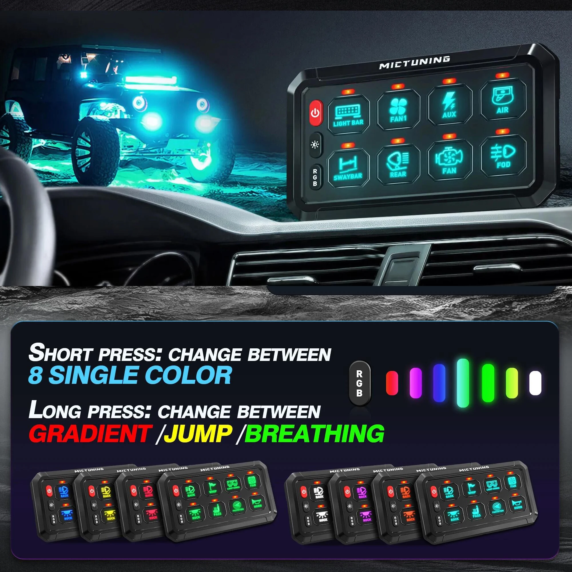 

New 8 Gang RGB Switch Panel 11 Colors Adjust LED Circuit Control Relay System Box Control Panel for Boat Jeep UTV Caravan