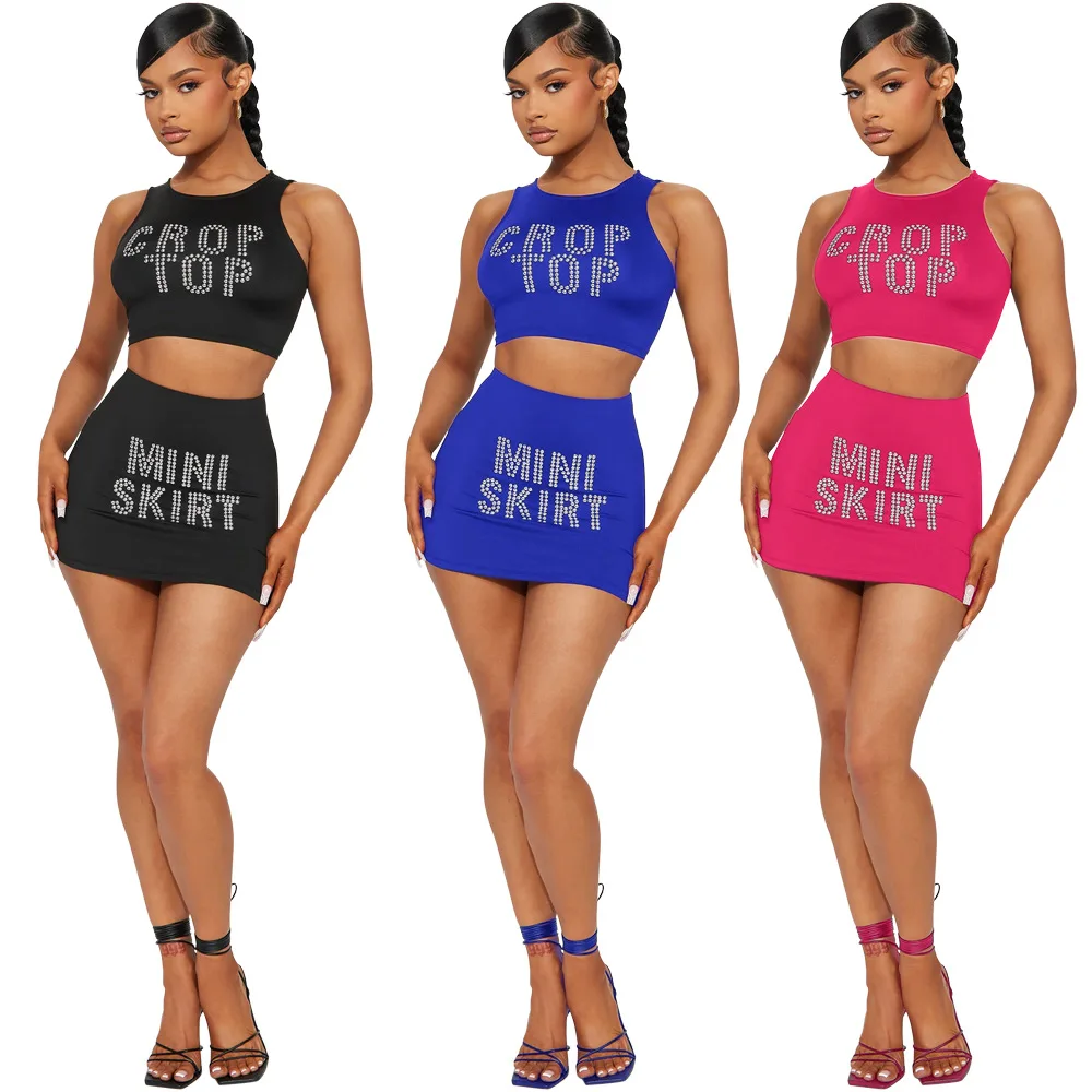 

Fashion Women's Set Crystal Letter Tank and Bodycon Midi Midi Skirt 2023 Summer Active Chic Two 2 Piece Set Outfits