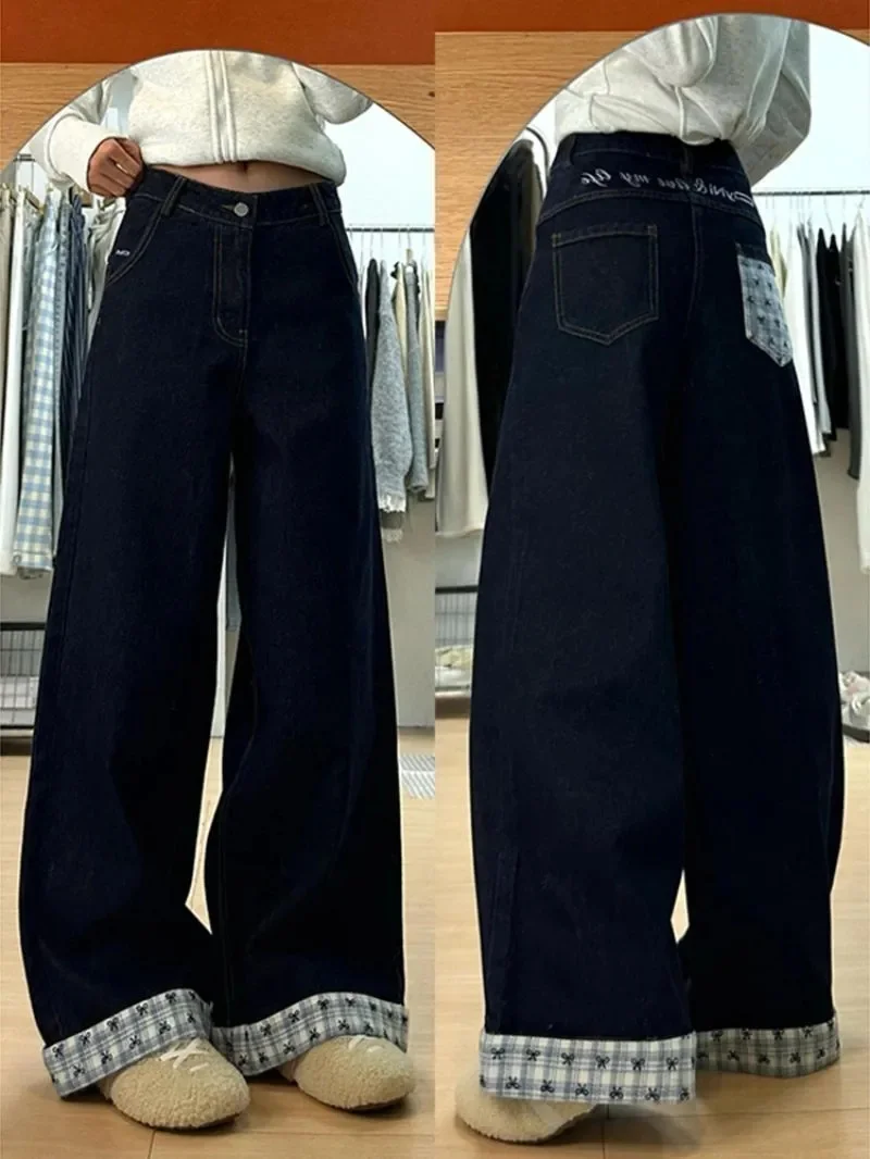 Retro washed  bow checkered patchwork jeans women in spring embroidered high waisted loose fit wide leg floor length pantsFemale