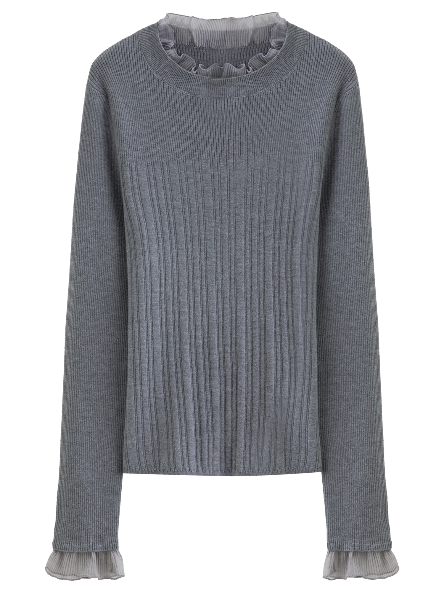 DUSHU Plus Size Women's Lace Ruffle Collar Slim Fit Knitted Top 2025 Winter Semi Turtleneck Base Layer Shirt for Daily Wear