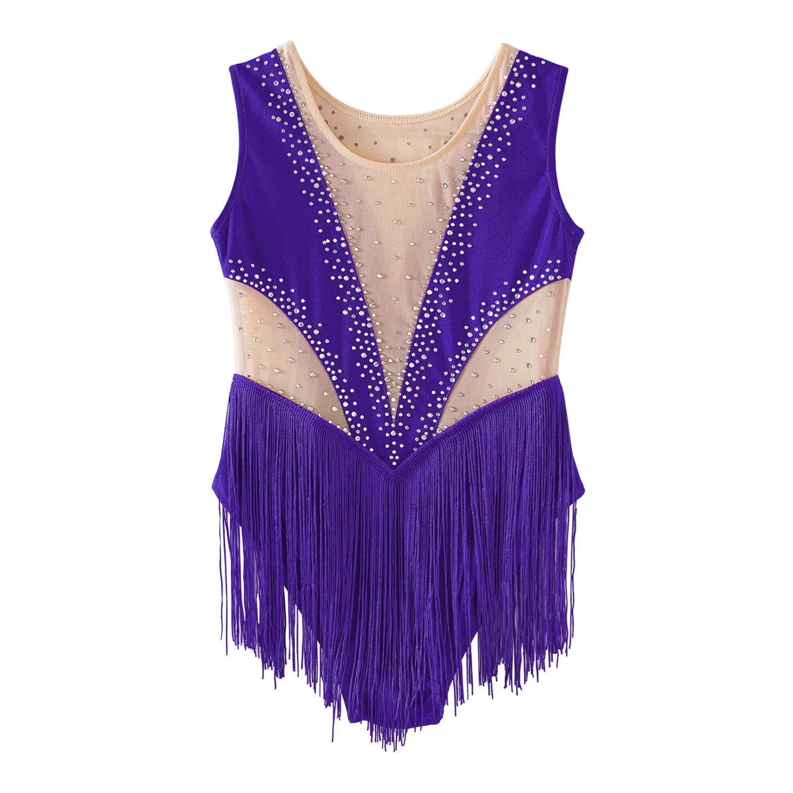 Kids Girls Ballet Dance Leotard Latin Cha-Cha Figure Skating Gymnastics Performance Costume Shiny Rhinestone Tassel Bodysuit