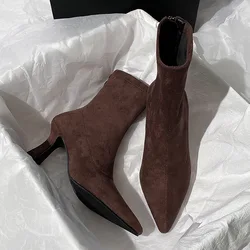 Pointed Toe Women Sock Short Boots Fashion Side Zipper  Ankle Booties Thick High Heel Autumn Winter Ladies Shoes Botas Femininas