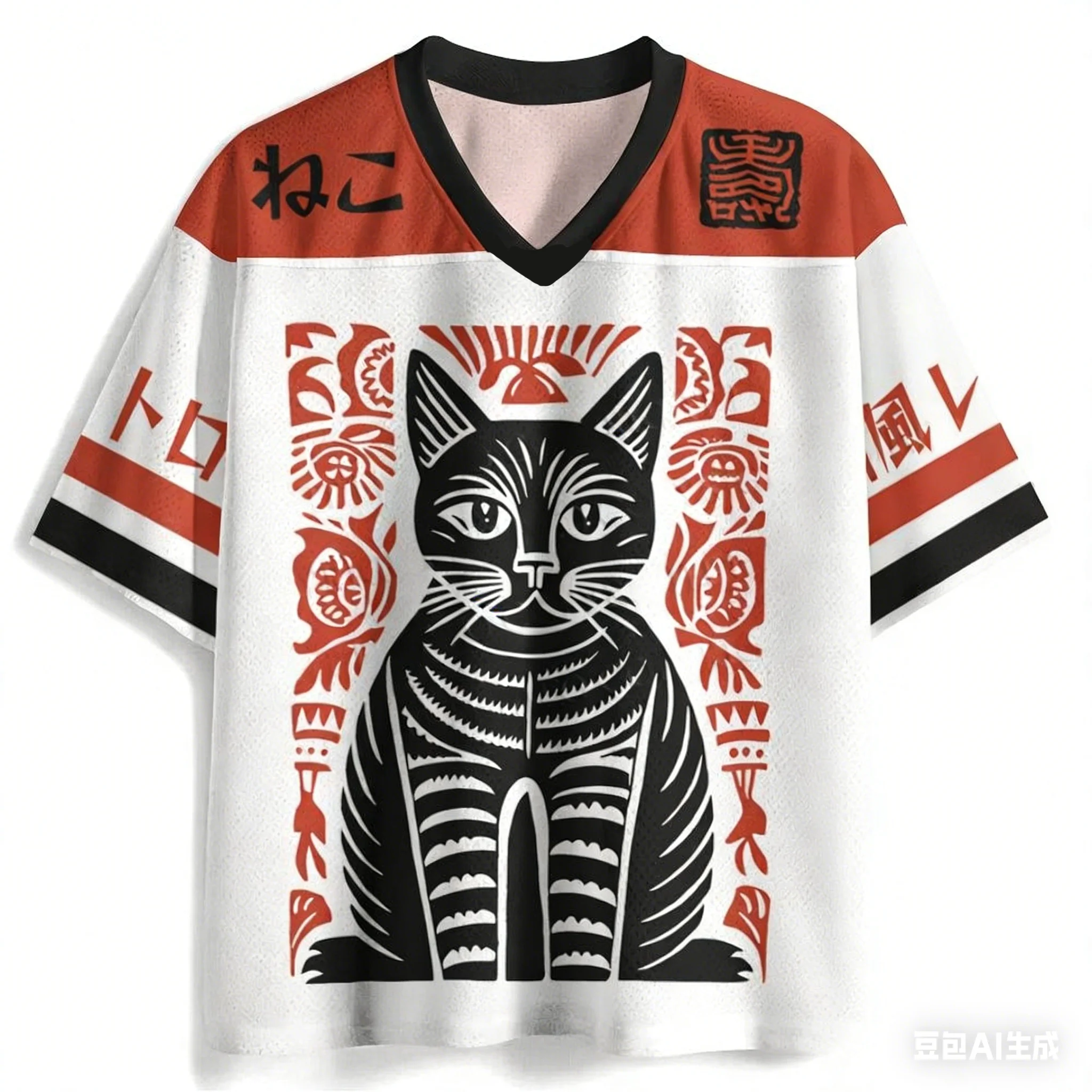 Latest Harajuku-style Y2K Adult Japanese-inspired Ukiyo-e Maneki-neko 3D Print V-neck Cat Lover T-shirt with Raglan Sleeves