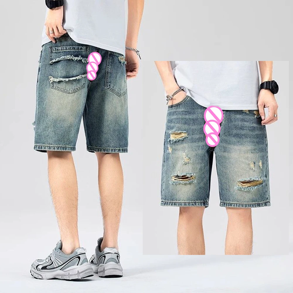Invisible Open Crotch Outdoor Sex Pants Men Loose Ripped Denim Shorts Retro Jeans Washed Summer Straight Five-point Pants