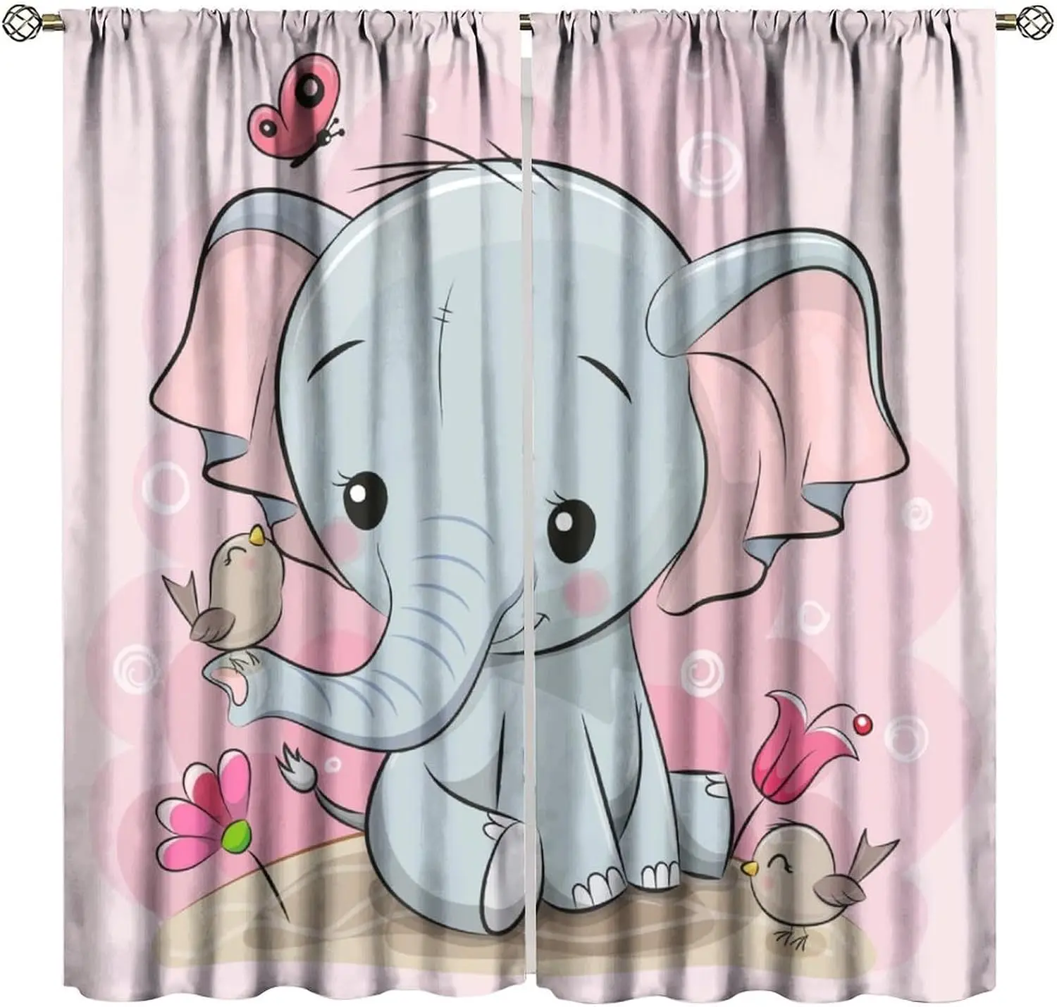 Baby Elephant Curtain Grey Elephant Bird Pink Flower Print Light Filter Drape For Kids Bedroom Nursery Homestay Decor