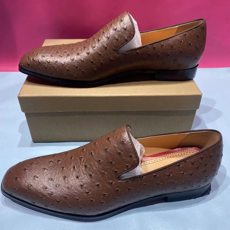 

New Fashion Brown Ostrich Leather Loafers Luxury Slip On Handmade Men Dress Shoes Business Casual Mens Office Shoes