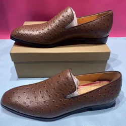 New Fashion Brown Ostrich Leather Loafers Luxury Slip On Handmade Men Dress Shoes Business Casual Mens Office Shoes