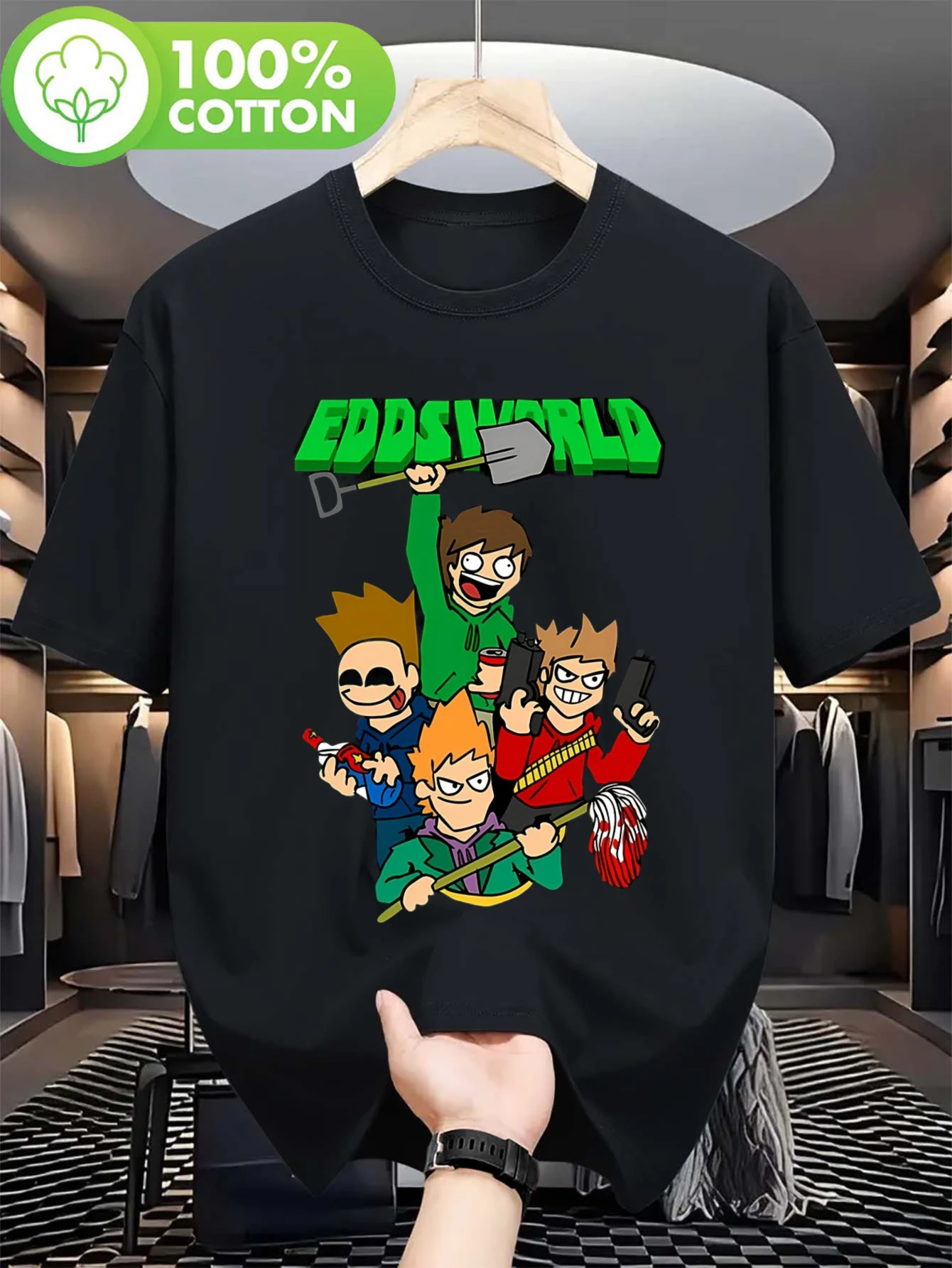 

Summer Eddsworld Animation Series Pattern T-shirt -100% Cotton Retro Game Theme Top, Adorned with Eddsworld Character Designs