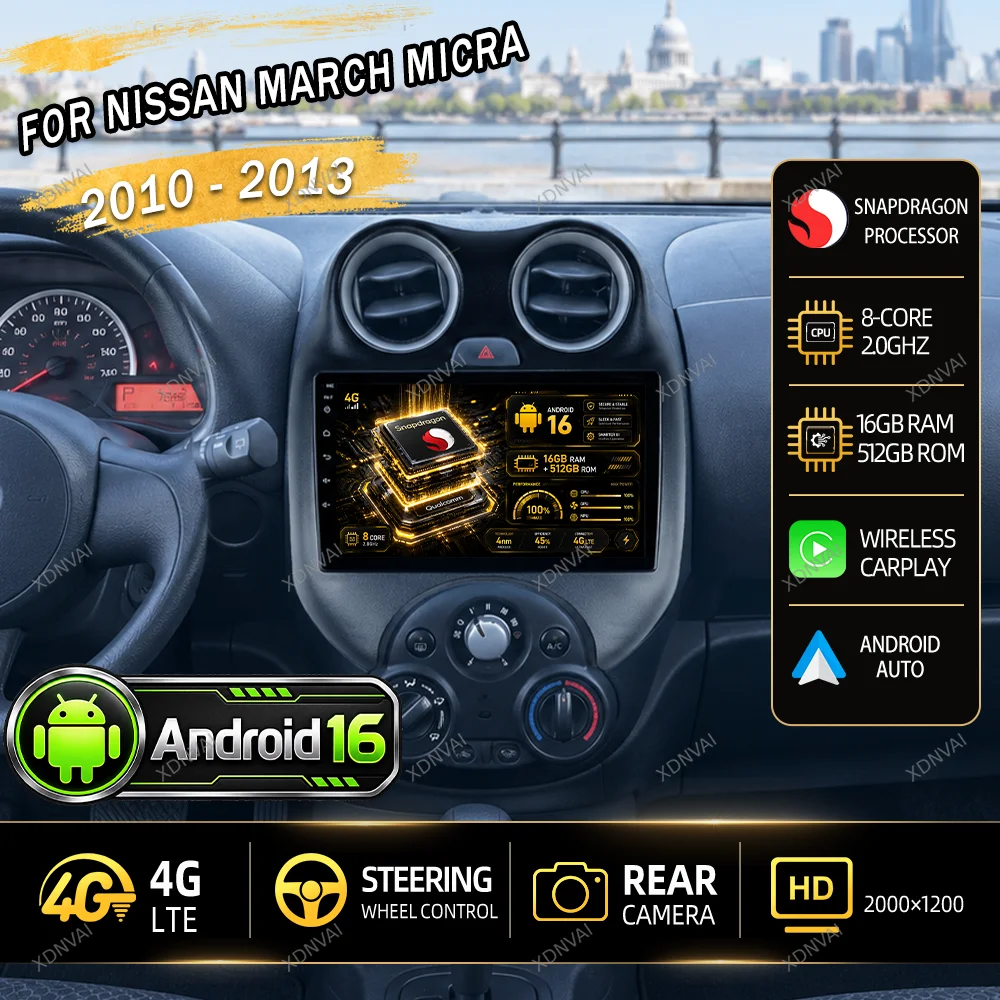 Android 16 Video Player Car Radio Multimedia For Nissan March MICRA 2010 2011 2012 2013 BT 5G WIFI Navigation Audio Auto Carplay