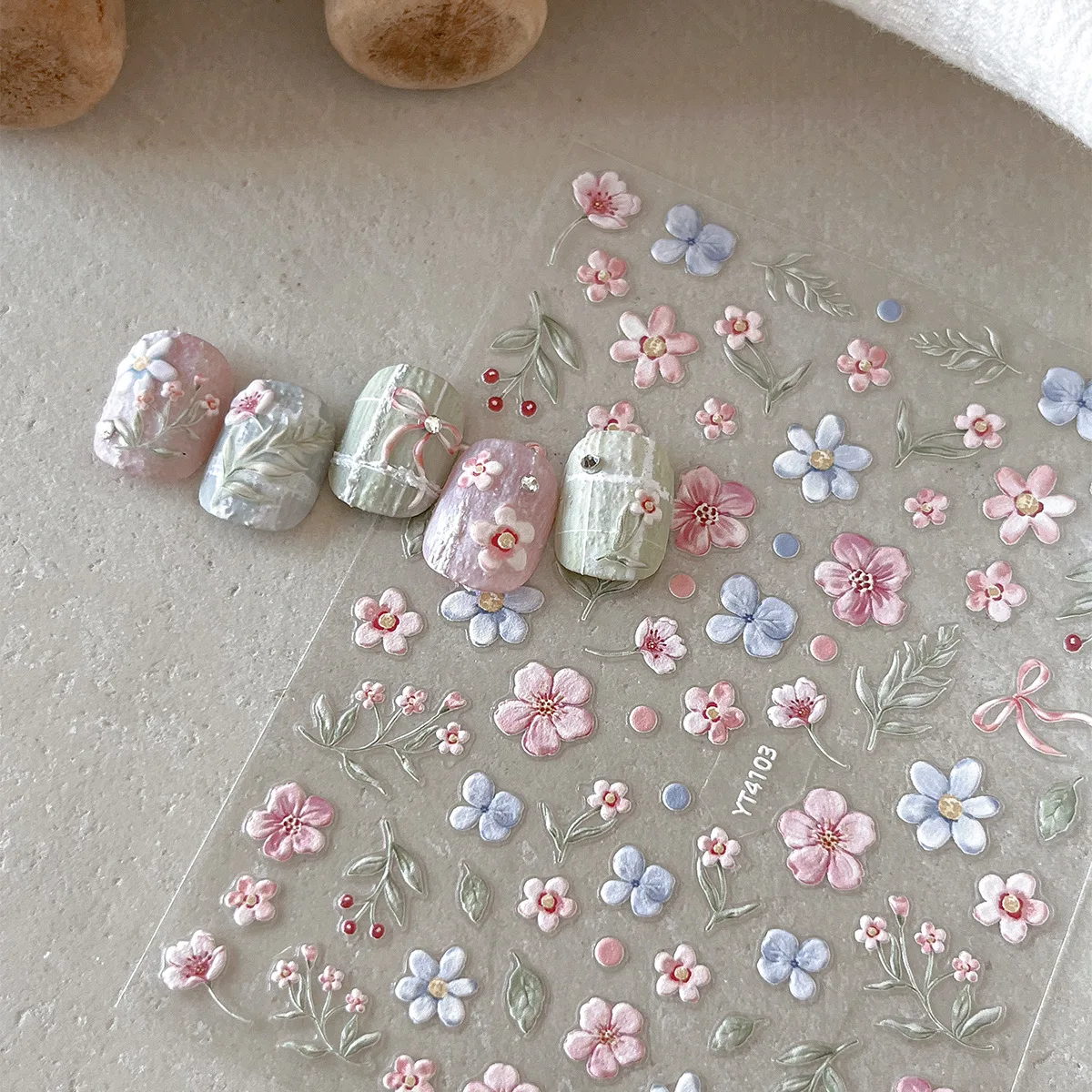 

Colorful variety of small fresh flowers nail stickers, three-dimensional relief flowers, with adhesive nail decoration stickers