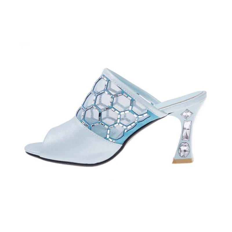 New fashion patent leather gauze fish mouth one  line high heels thick heels summer slippers flip flop female soft soles
