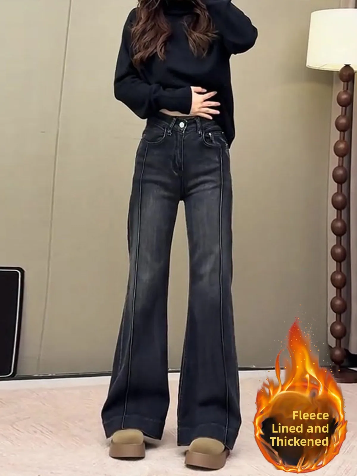 

Retro Fce Lined Flared Jeans Women's Deep Winter Slimming Straight Leg High Waist Casual Sle Bla ey Bootcut Trousers