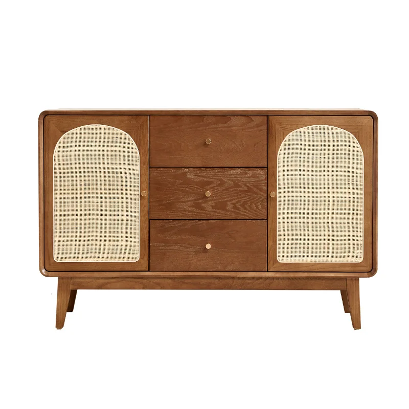 

Nordic solid wood dining side cabinet tea cabinet locker Japanese rattan door simple modern living room storage cabinet display