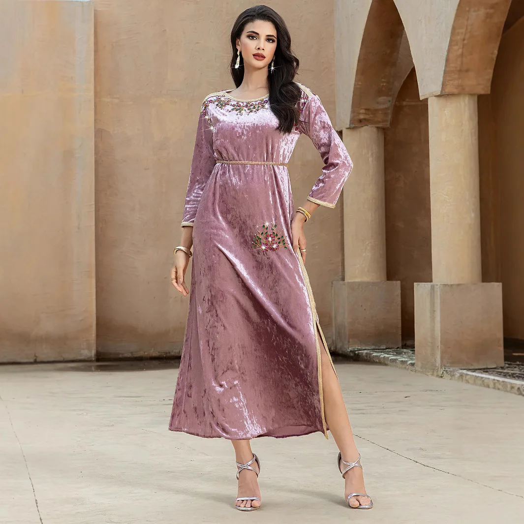 Women Muslim Velvet Maxi Dress Diamonds Flower Jalabiya Eid Djellaba Caftan Marocain Femme Musulmane Vestidos Dubai Abaya Kaftan