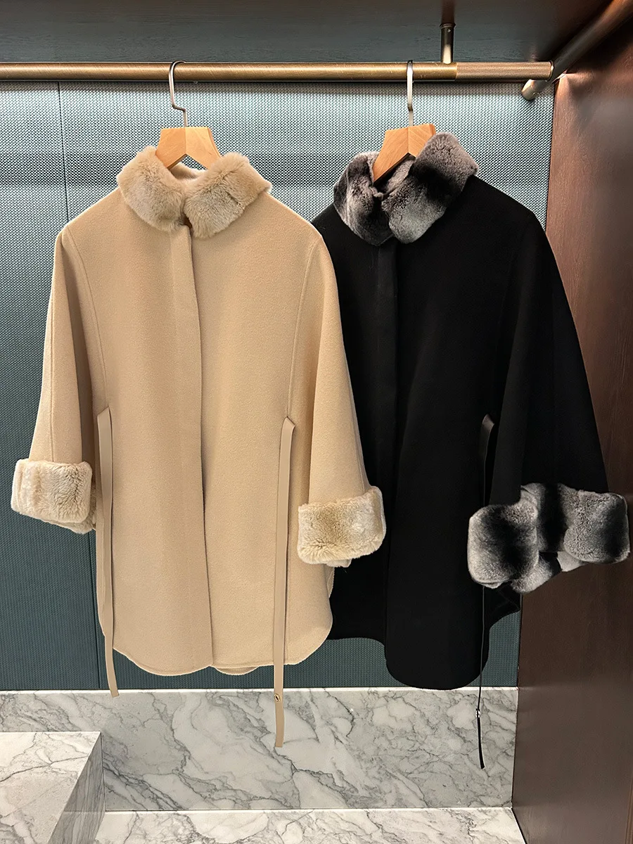 معطف فرو متوسط الطول بياقة وأصفاد من فرو المنك مزدوج الوجه ومزيج من الصوف للنساء #2