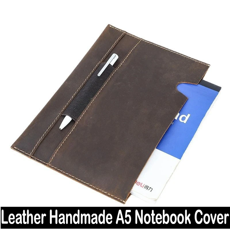 Handmade Crazy Horse Leather A5 Notebook Cover with Pen Slot Simple Clasp Cowhide Diary Case School Office Supplies Stationery