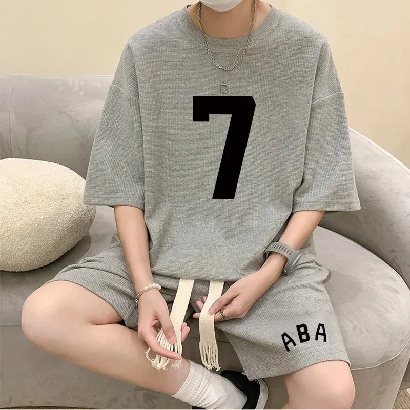 Summer Oversize Casual Fashion Tracksuit Loose Jogging Waffle Suit Men Loose Short-sleeve Tshirt + Sports Shorts 2pcs Set Outfit