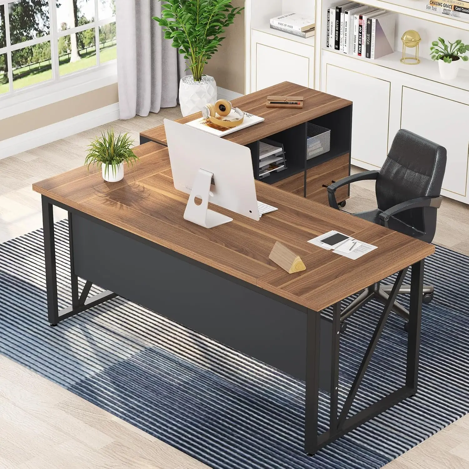L-Shaped Executive Desk & File Cabinet Set with Drawers & Storage Shelves for Home Office Business 63