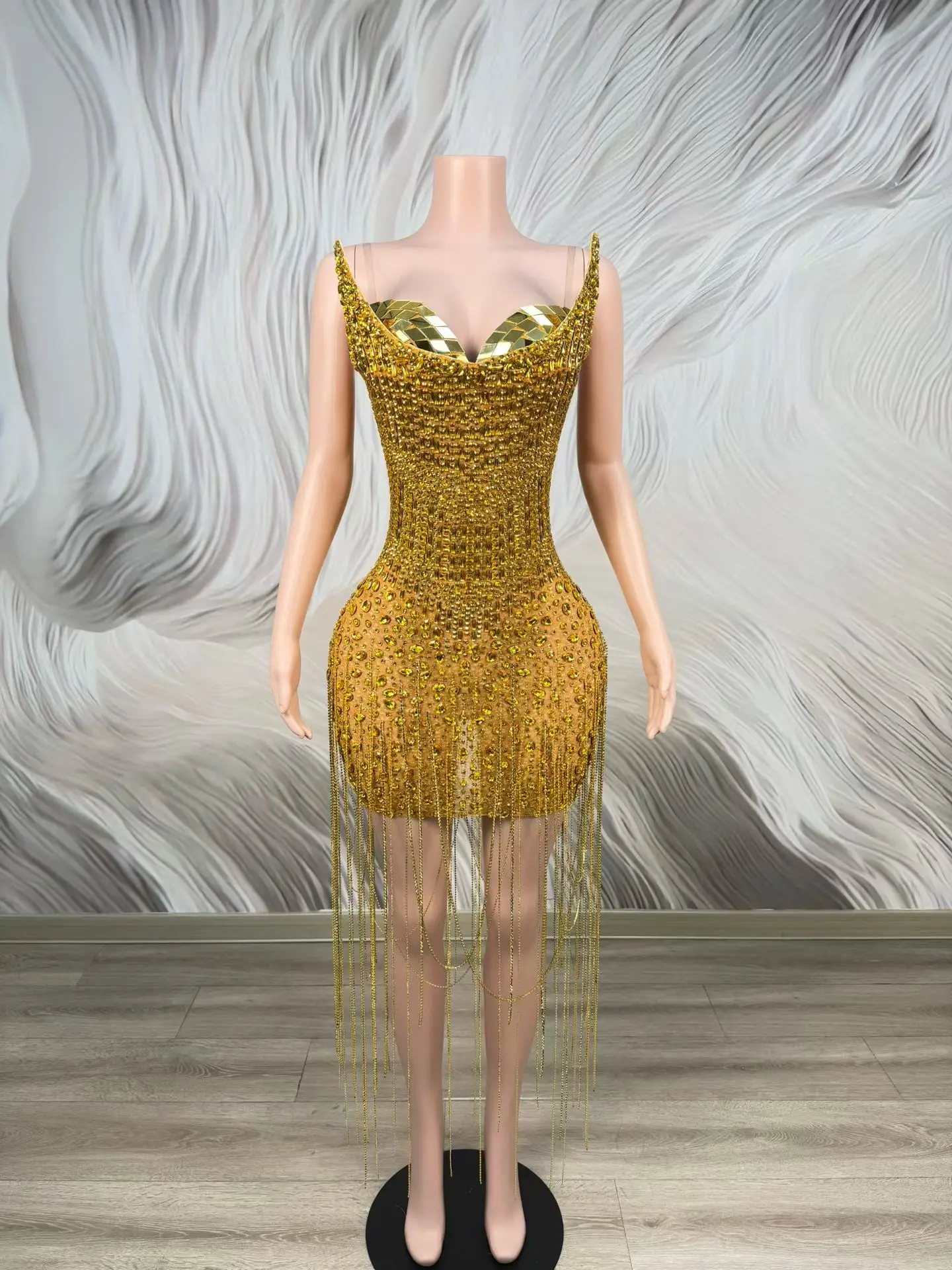 Riluo Gold Rhinestone Fringe Mini Dress Spaghetti Strap Sweetheart Bodycon Mesh Stage Performance Costume