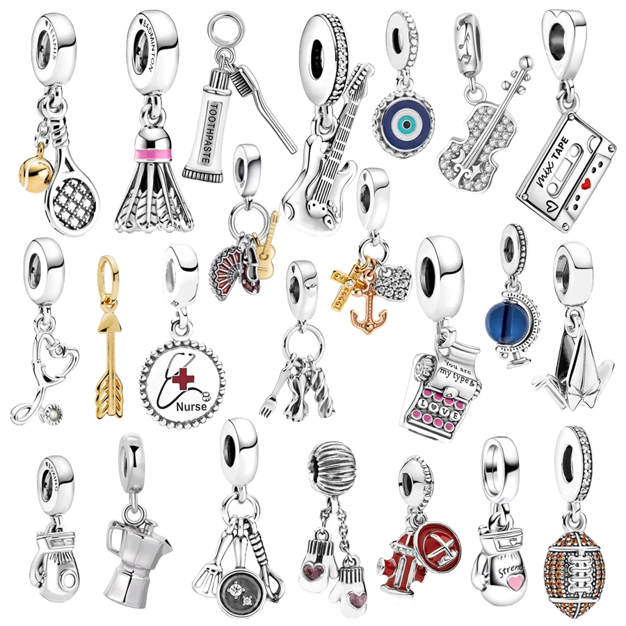 

American Football Boxing Glove Stethoscope Heart Dangle Charm Bead Fit Original 925 Sterling Silver Bracelet DIY Fashion Jewelry