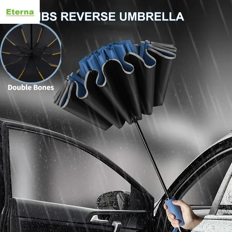Fully Automatic Reverse Folding Umbrella Windproof Reflective Stripe UV Protection Safety for Men Women