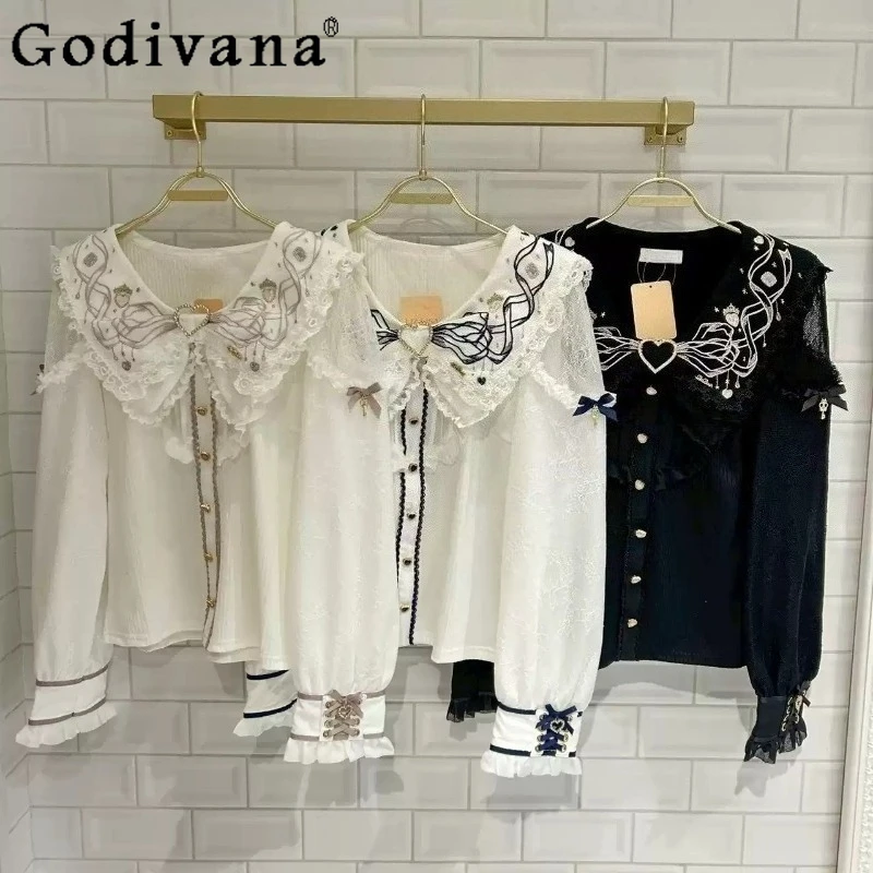 

Japanese Liz Lolita Long Sleeve Shirt Blouses for Women Spring and Summer New Sweet Girls Cute Lace Stitching Navy Collar Top