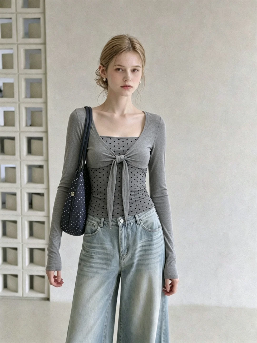 Retro American Design Grey Polka Dot Long Sleeve T-Shirt Women's Slim Fit Base Shirt Inner Wear Top Casual Style Autumn Wear