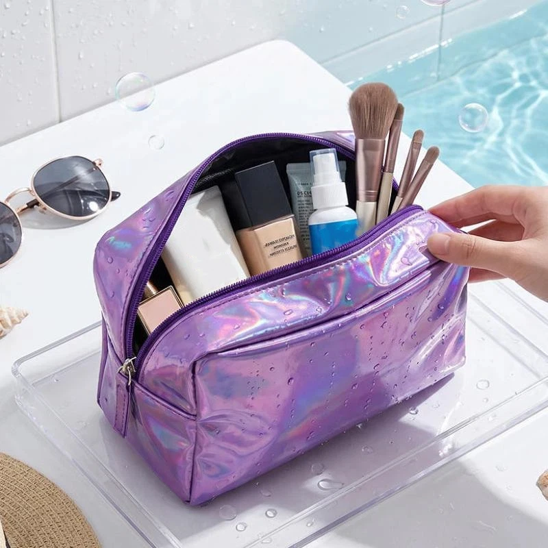 Holographic Laser Toiletry Bag Waterproof Holographic Leather Large Capacity Travel Makeup Pouch for Bridesmaid Gift