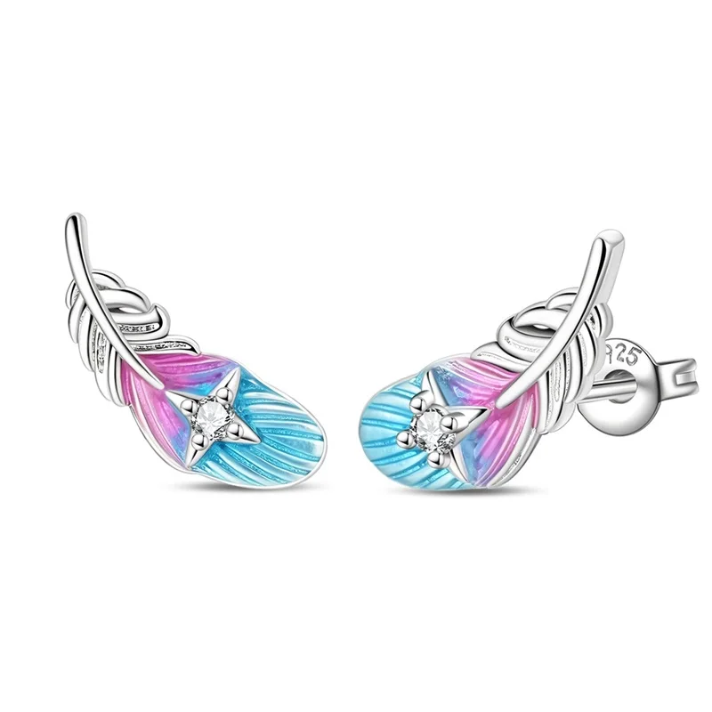 Neue 925 Sterling Silber Aurora Stern Feder Creolen Funkelnde Zirkon-Ohrringe für Damen Edle Geburtstags- und Jubiläumsschmuckstücke