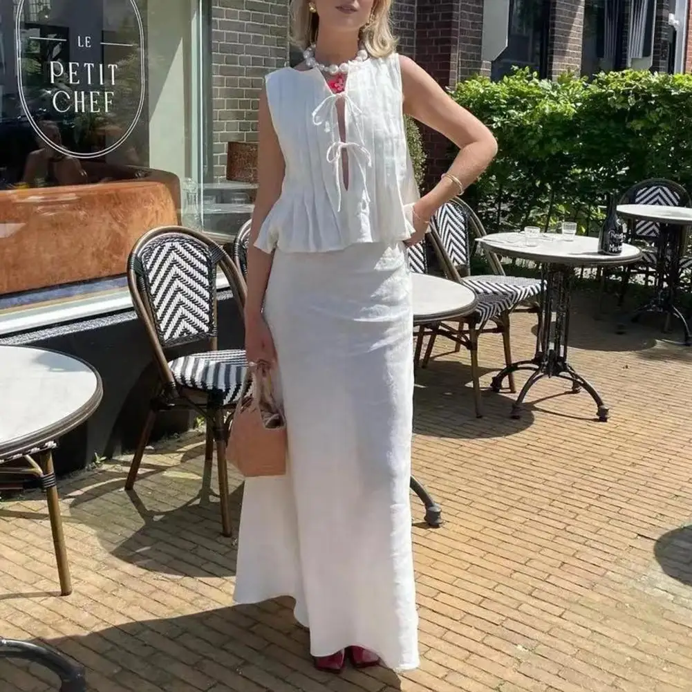 Elegant Solid Women Skirt Set Fashion O-neck Lace Up Sleeveless Pleated Vest Suit 2024 Lady White High Waist Long Skirts Outfits