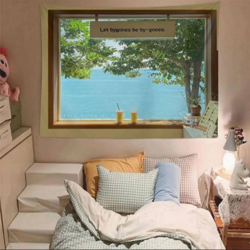 Tapisserie murale décorative en polyester effet fenêtre vue mer, paysage coucher de soleil océanique pour chambre à coucher, dortoir, toile de fond photo